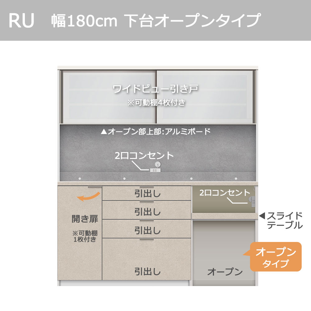 Pamouna（パモウナ）オープンボード「RU-S1802R・1802R」幅180cm 高さ197.5cm 奥行2サイズ（44.5cm・50cm）下台オープンタイプ 全4色