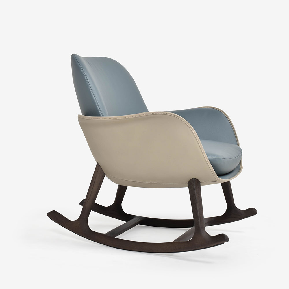 PoltronaFrau(ポルトローナ・フラウ)ロッキングチェア「Martha」革ブルーグレー#SC254 Steel Blue/革コルダ#Corda 脚アッシュ材 モカ色