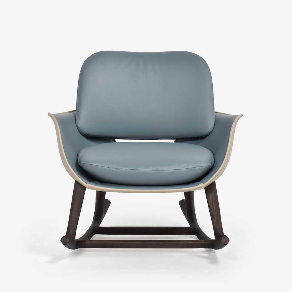 PoltronaFrau(ポルトローナ・フラウ)ロッキングチェア「Martha」革ブルーグレー#SC254 Steel Blue/革コルダ#Corda 脚アッシュ材 モカ色