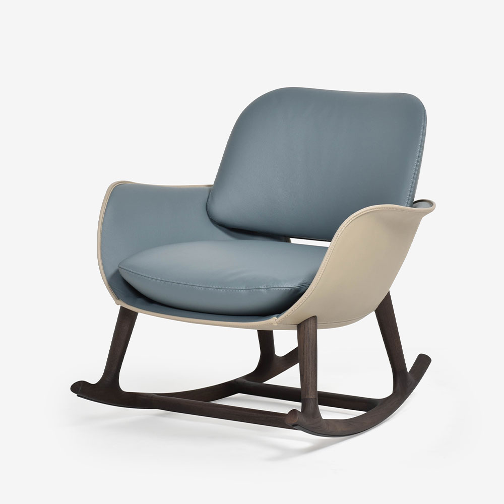 PoltronaFrau(ポルトローナ・フラウ)ロッキングチェア「Martha」革ブルーグレー#SC254 Steel Blue/革コルダ#Corda 脚アッシュ材 モカ色