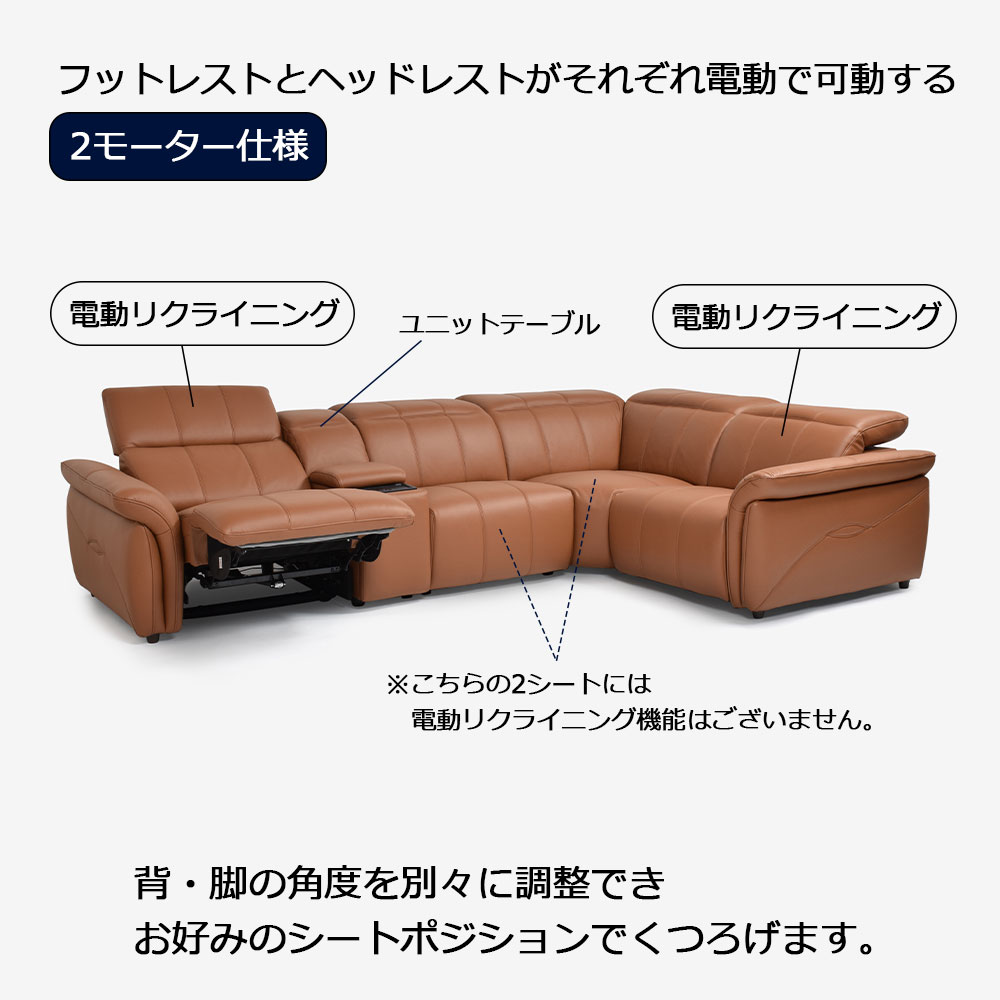 電動リクライニングコーナーソファ5点セット「L/S Motion 74(エルエスモーション74)」ユニットテーブル付 幅329cm 革#H/S-334E ペカンブラウン色