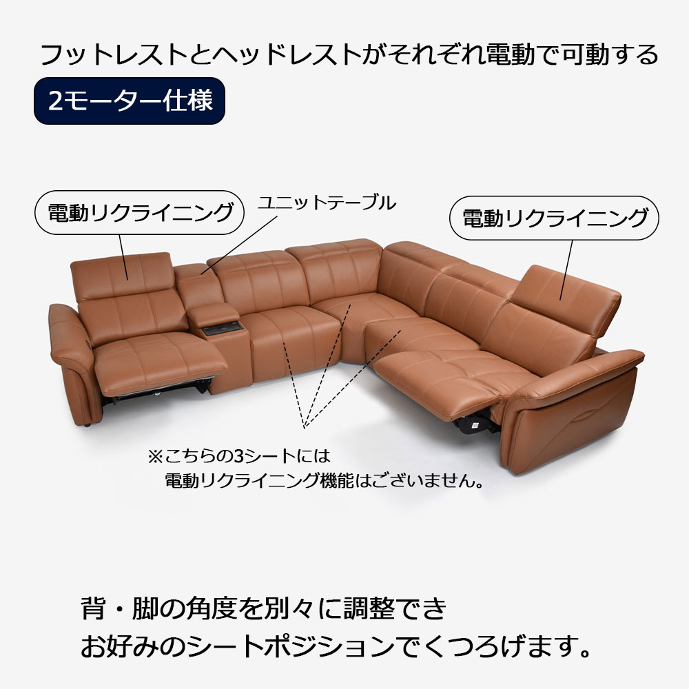 電動リクライニングコーナーソファ6点セット「L/S Motion 74(エルエスモーション74)」ユニットテーブル付 幅329cm 革#H/S-334E ペカンブラウン色