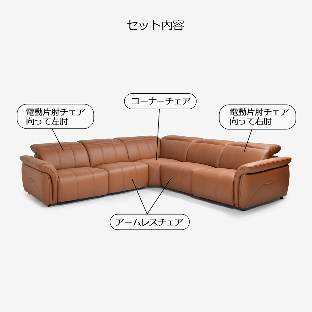 電動リクライニングコーナーソファ5点セット「L/S Motion 74（エルエスモーション74）」幅297cm 革#H/S-334E ペカンブラウン色