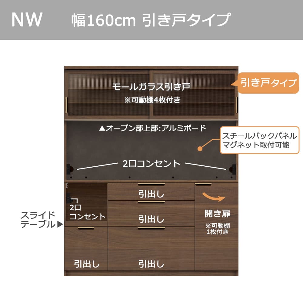 Pamouna(パモウナ)オープンボード「NWA-S1600R・1600R」引き戸タイプ 幅160cm 高さ193.1cm 奥行2サイズ(44.5cm・50cm)全4色