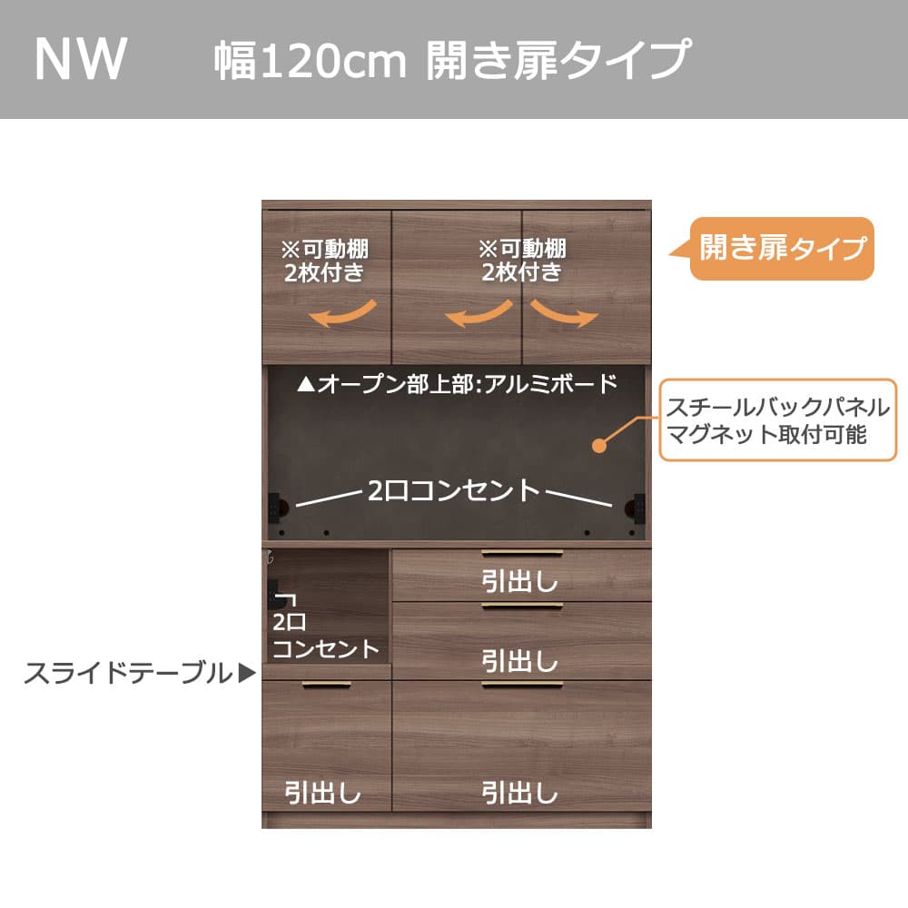 Pamouna(パモウナ)オープンボード「NWB-S1200R・1200R」開き扉タイプ 幅120cm 高さ193.1cm 奥行2サイズ(44.5cm・50cm)全4色