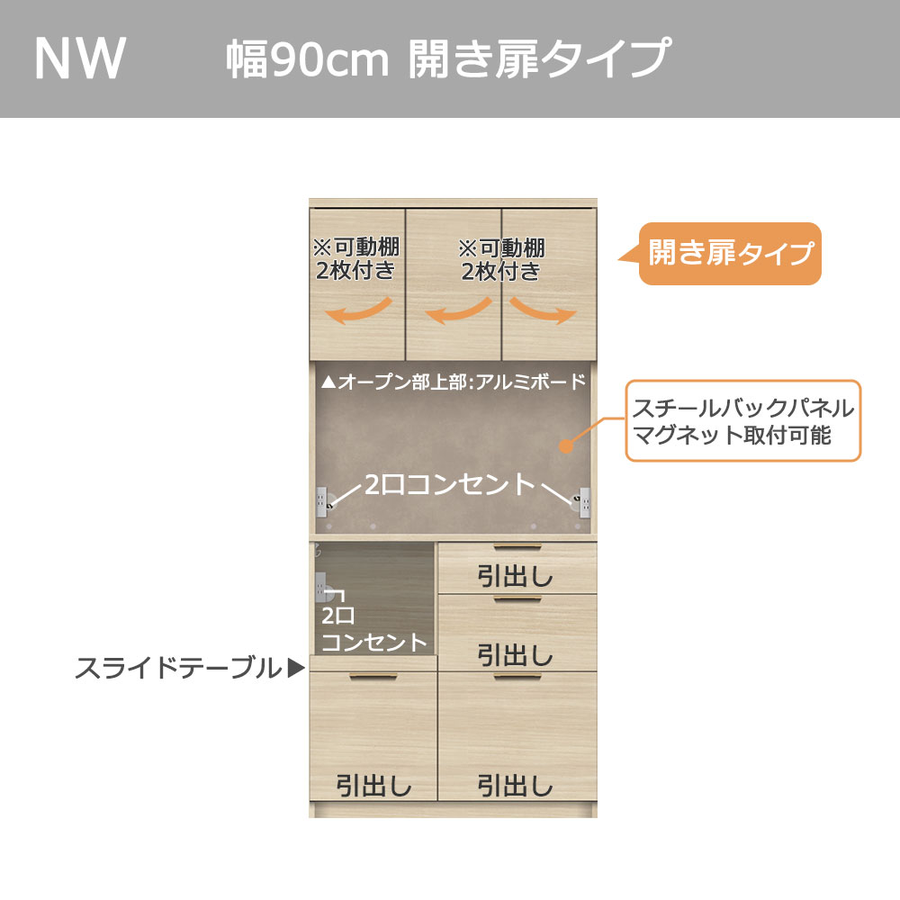 Pamouna(パモウナ)オープンボード「NWB-S900R・900R」開き扉タイプ 幅90cm 高さ193.1cm 奥行2サイズ(44.5cm・50cm)全4色