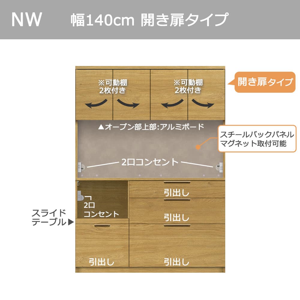 Pamouna（パモウナ）オープンボード「NWB-S1400R・1400R」開き扉タイプ 幅140cm 高さ193.1cm 奥行2サイズ（44.5cm・50cm）全4色