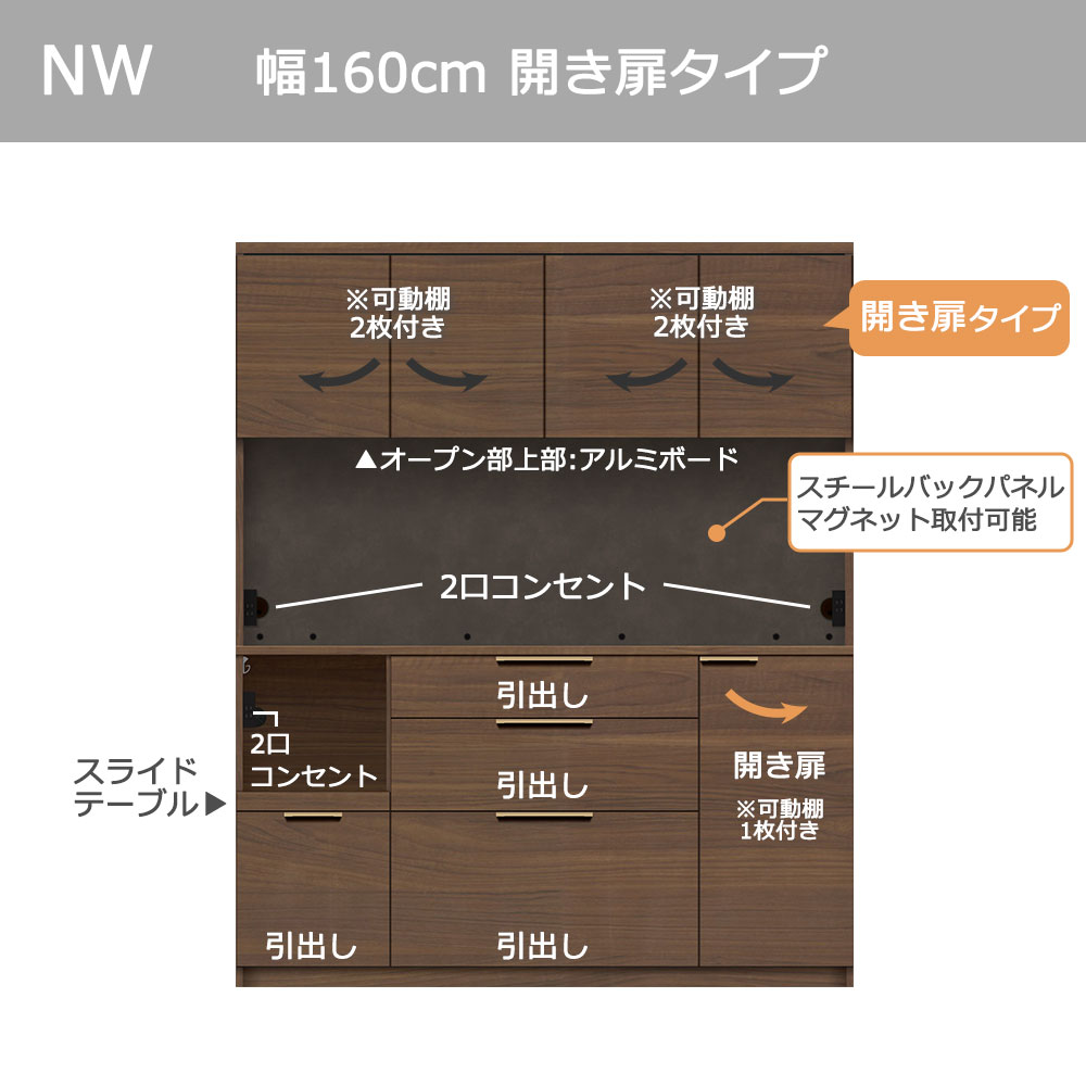 Pamouna(パモウナ)オープンボード「NWB-S1600R・1600R」開き扉タイプ 幅160cm 高さ193.1cm 奥行2サイズ(44.5cm・50cm)全4色