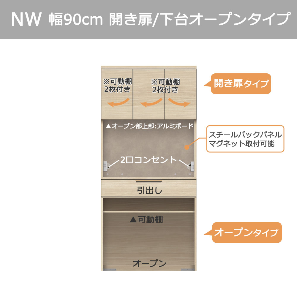Pamouna(パモウナ)オープンボード「NWB-S902R・902R」開き扉タイプ 幅90cm 高さ193.1cm 奥行2サイズ(44.5cm・50cm)全4色