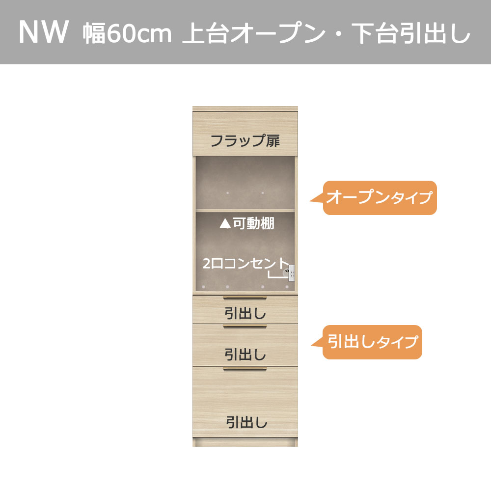 Pamouna(パモウナ)オープンボード「NW-S600R・600R」幅60cm 高さ193.1cm 奥行2サイズ(44.5cm・50cm)上台オープン・下台引出しタイプ 全4色
