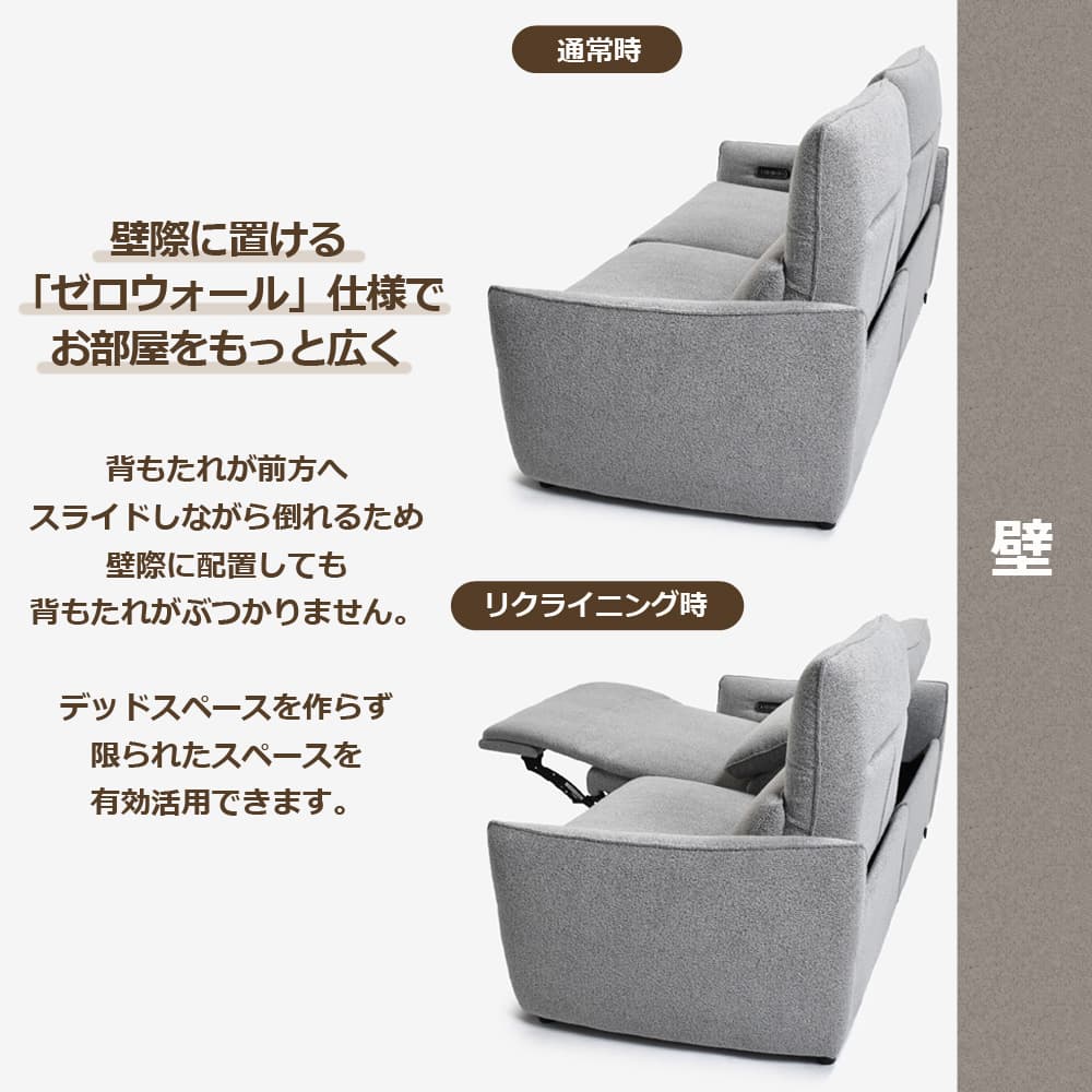 電動リクライニングソファ2点セット「ルッカ SD-524B（3モーター）」幅192cm 布#CP430-3 グレー色