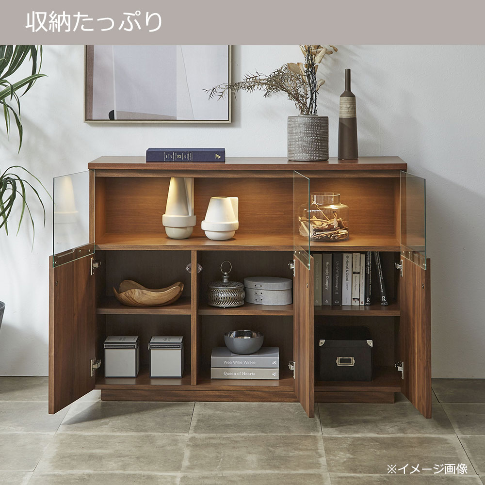サイドボード「NEWイソラ」幅120cm 全2色 ガラス部背面2タイプ(板張り/ミラー付き)【セール対象品のため5%OFF】