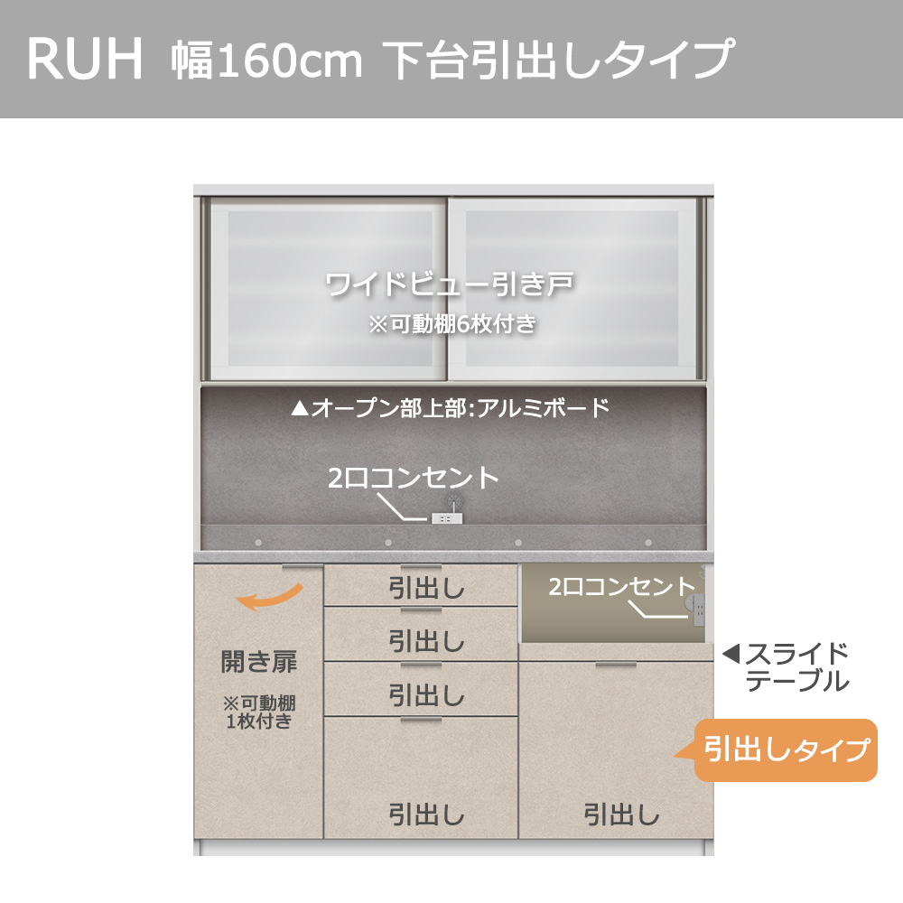 Pamouna（パモウナ）オープンボード「RUH-S1600R・1600R」幅160cm 高さ206.5cm 奥行2サイズ（44.5cm・50cm）下台引出しタイプ 全4色