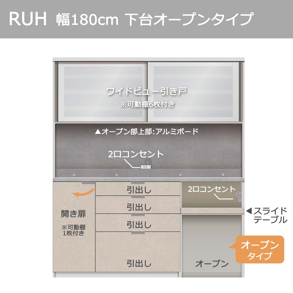 Pamouna（パモウナ）オープンボード「RUH-S1802R・1802R」幅180cm 高さ206.5cm 奥行2サイズ（44.5cm・50cm）下台オープンタイプ 全4色