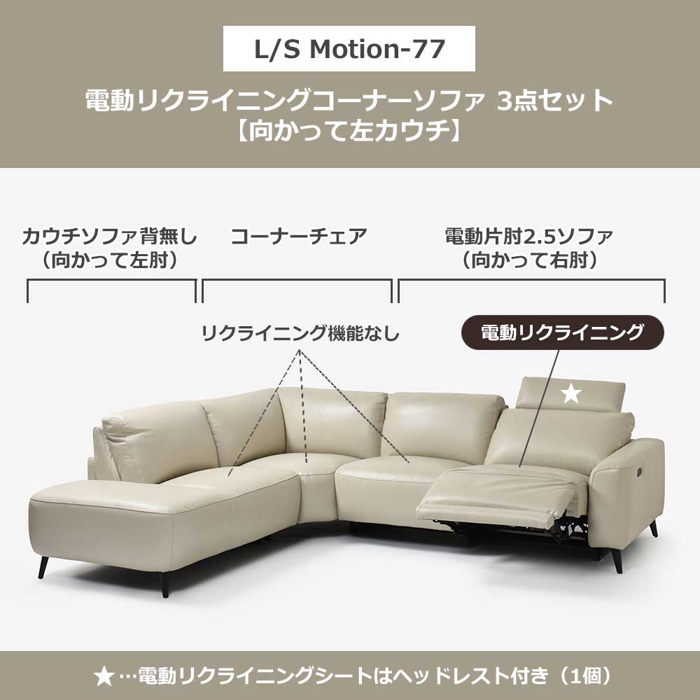 電動リクライニングコーナーソファ3点セット 向かって左カウチ「L/S Motion 77(エルエスモーション77)」幅275cm 革#J/S-041E オイスターグレー色