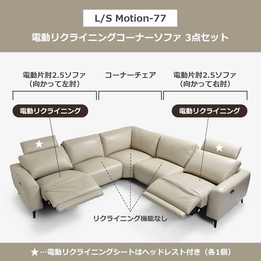 電動リクライニングコーナーソファ3点セット「L/S Motion 77(エルエスモーション77)」幅275cm 革#J/S-041E オイスターグレー色