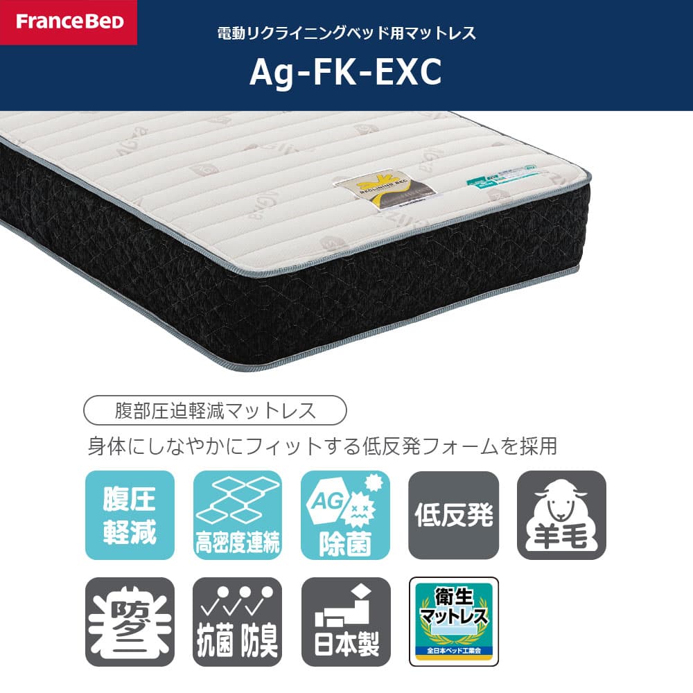 リクライニングマットレス「Ag-FK-EXC」厚さ25cm 高密度連続スプリング 腹部圧迫軽減仕様 全2サイズ FranceBed(フランスベッド)