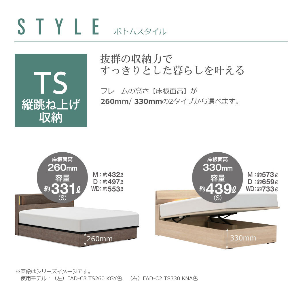 FranceBed(フランスベッド)ベッドフレーム「ファディア FAD-C3 TS」コンセント付き 縦跳ね上げ収納( 床板面高2タイプ)全4サイズ 全3色