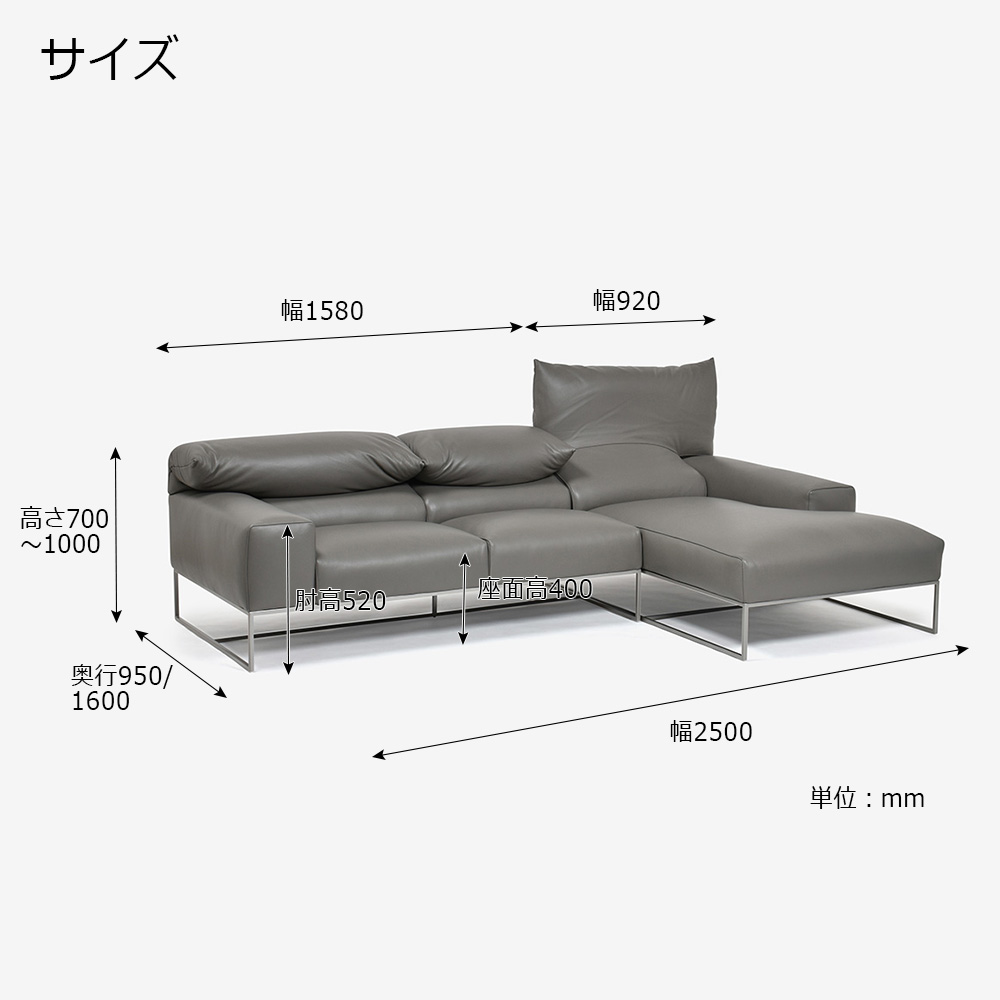 erba(エルバイタリア)カウチソファ2点セット 向って右カウチ「フォーエバーヤング」幅250cm 革#C ライトグレー色【お手入れキットの特典付き】