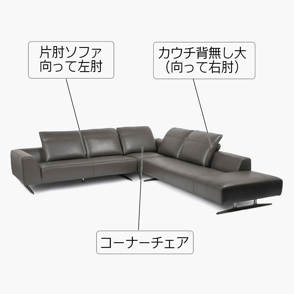 コーナーカウチソファ 3点セット「L/S 59(エルエス59)」321x287cm カウチ背無し大(向って右肘)+コーナーチェア+片肘ソファ向って左肘 革グラファイト色 #J-112E