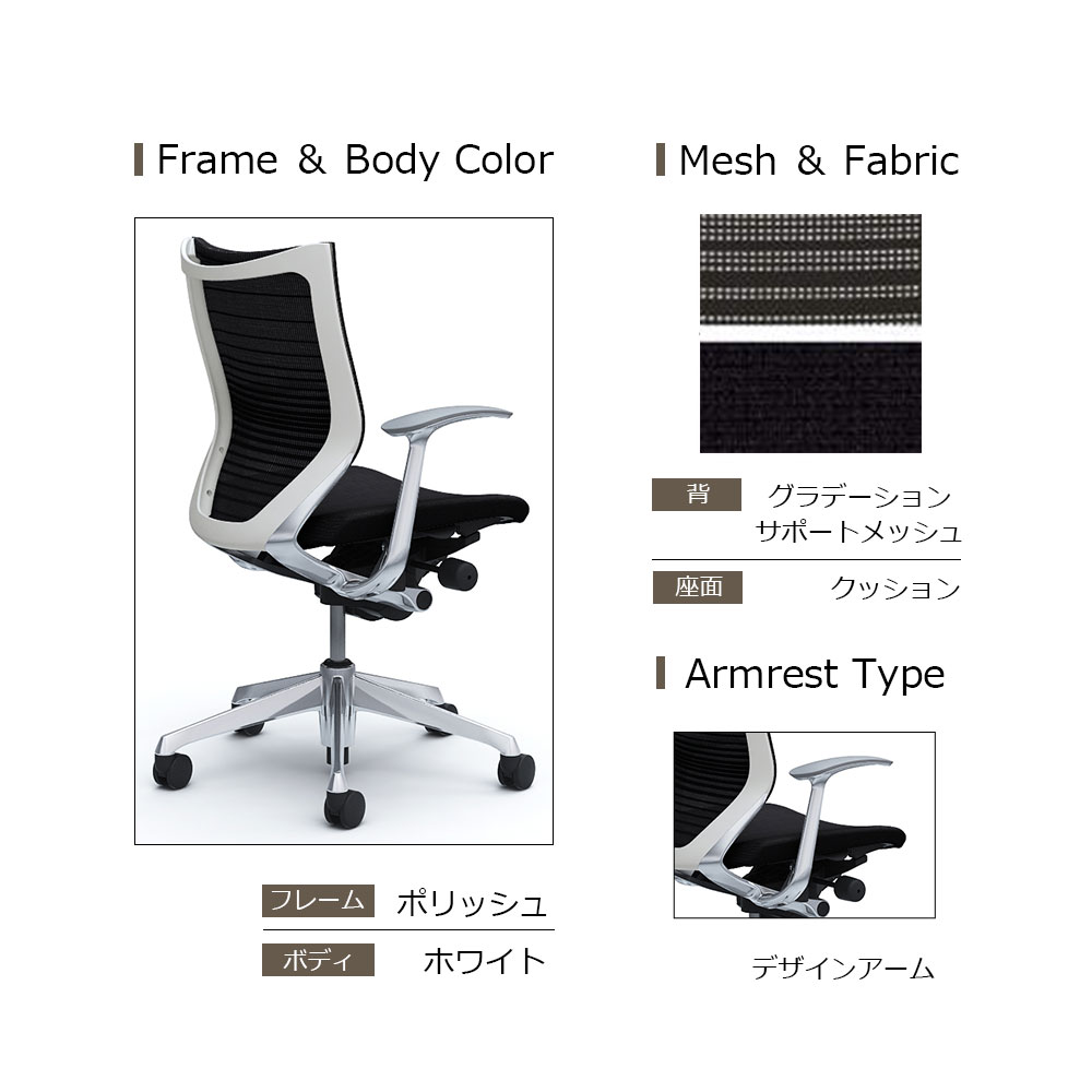「バロンチェア CP43BW-FGR」ローバック 座面/クッション 背/グラデーションサポートメッシュ フレーム/ポリッシュ ボディーカラー/ホワイト デザインアーム 張地全6色【受注生産品】okamura(オカムラ)