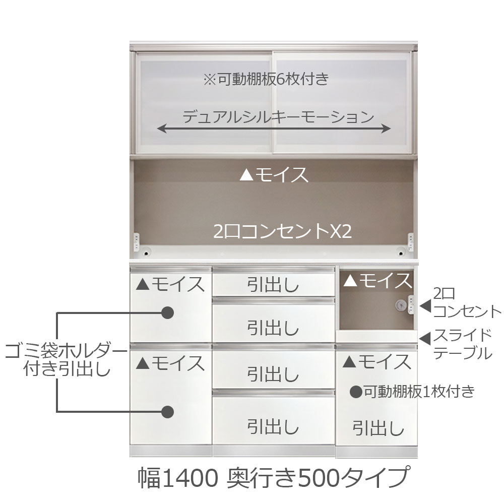 AYANO(綾野製作所)ダイニングボード「スタイン」2段引出し付きタイプ 幅140.2cm 奥行50cm 高さ202cm パールホワイト色【セール対象品のため5%OFF】