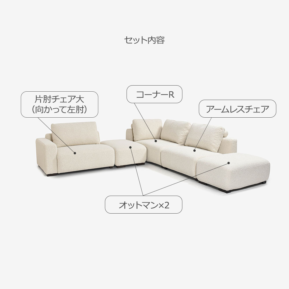 FaBBRica（ファブリカ）コーナーソファ5点セット「FA-0598（1.75EL-RFSTA-RCR-1.5AL）」向かって右コーナー 幅284cm 布#FA-5 BMO-02 クリーム色