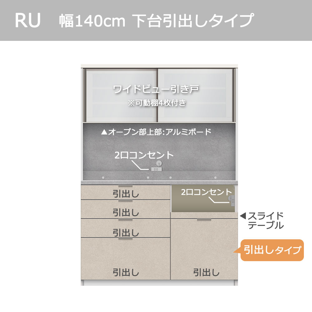 Pamouna(パモウナ)オープンボード「RU-S1400R・1400R」幅140cm 高さ197.5cm 奥行2サイズ(44.5cm・50cm)下台引出しタイプ 全4色