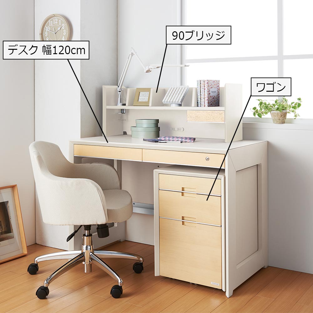 デスクとワゴンと90ブリッジの組合せイメージ