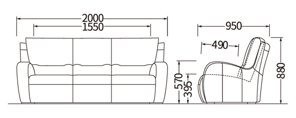 ソファZSA473X379の寸法図