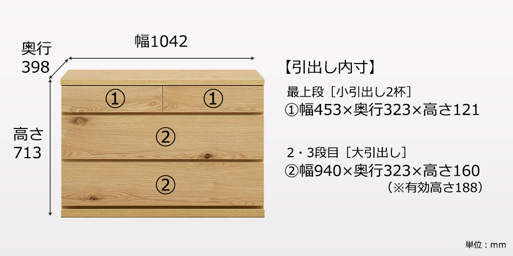 幅104cm・引出し3段タイプ