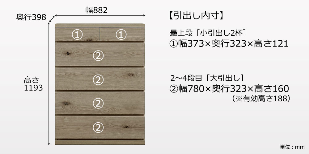 幅88cm・引出し5段タイプ