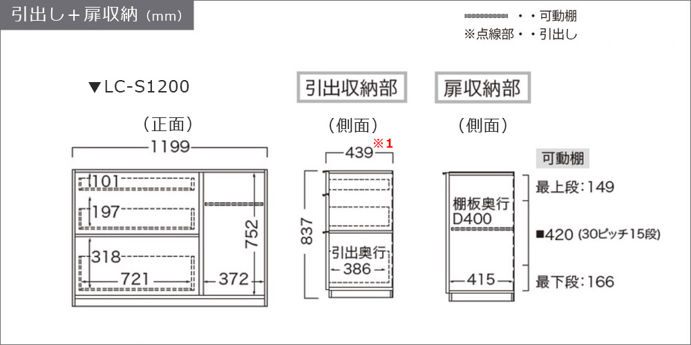 サイズ詳細（引出し＋扉収納）