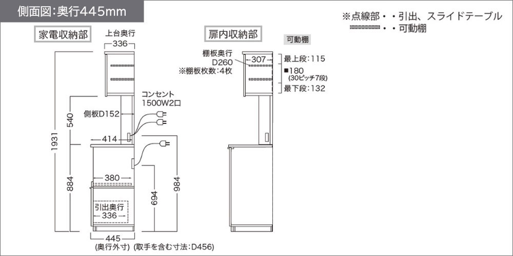 NWシリーズ奥行445mmの側面図