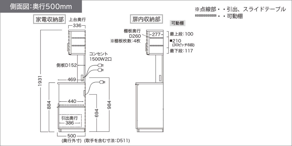 NWシリーズ奥行500mmの側面図
