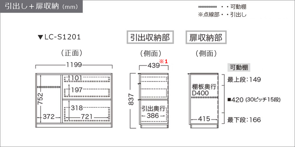 サイズ詳細（引出し＋扉収納）