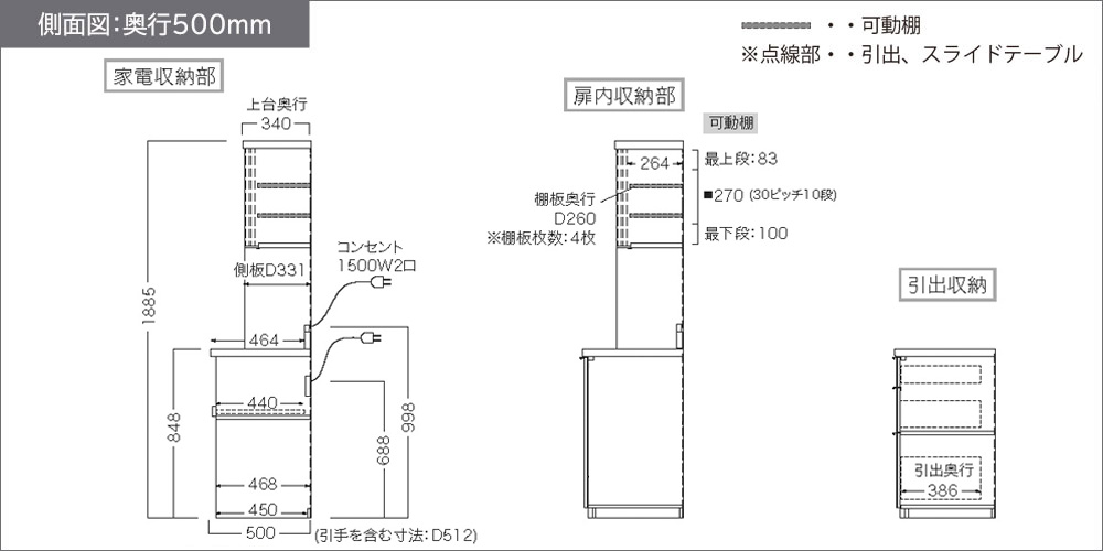 RLシリーズオープンタイプ奥行500mmの側面図