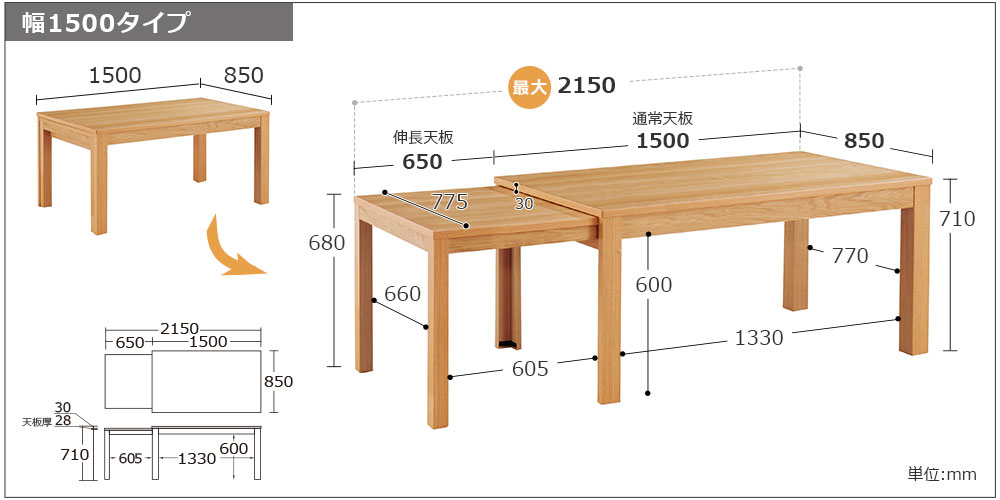 幅1500～2150タイプのサイズ詳細