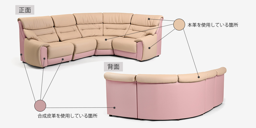 本革と合成皮革を使用した半革タイプのコーナーソファ